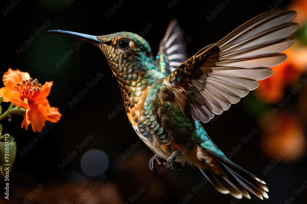 Fototapeta premium Hummingbird in flight, capturing its beauty., generative IA