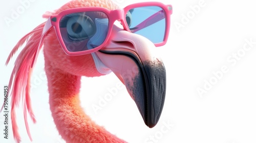 Pink flamingo with sunglasses. Close-up studio portrait on a white background. Summer and fashion concept for print, banner, and poster