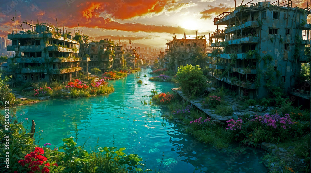 High resolution digital illustration of a futuristic post apocalyptic cityscape overgrown with vegetation and lush trees