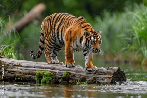 A tiger confidently walks across a log stretching over a river, showcasing its agility and strength in navigating the natural environment.