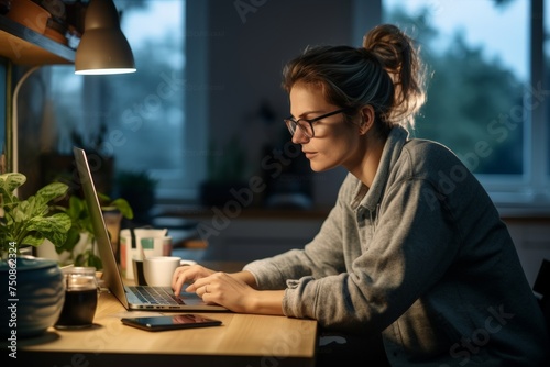 Focused Freelancer Working Late in Home Office. Young woman concentrated on work at her laptop in a cozy home office with natural decor.