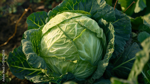 A cabbage plant flourishes in a garden, surrounded by rich soil and lush greenery. Its vibrant leaves hint at its freshness and health, while the garden setting reflects the natural beauty.