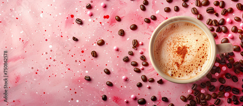 a cup of coffee with coffee beans on a pink surface