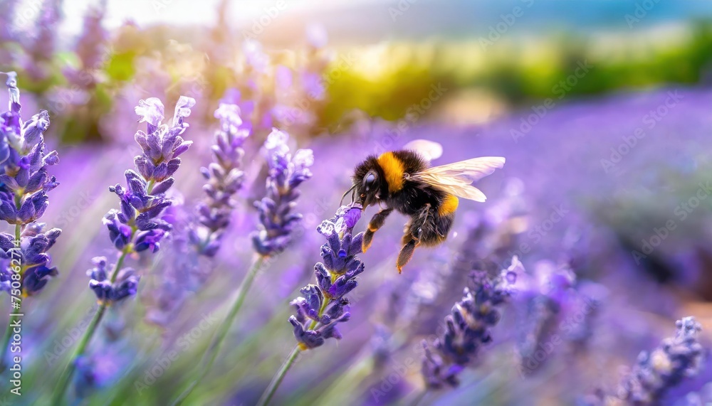 Close-up shot of pollinating bumblebees flying above the stunning lavender field landscape Close-up shot of pollinating bumblebees flying above the stunning lavender field landscape