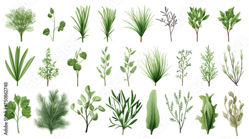 Fresh and Organic Herb Collection on transparent background - Culinary Illustration Featuring Thyme  Rosemary  Mint  Oregano  Basil  Sage  Parsley  Dill  Bay Leaves  Leek Spices.