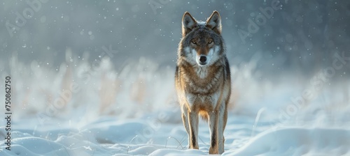 A wolf stands majestically in the snow on a bright day, showcasing its wild beauty against the white landscape.
