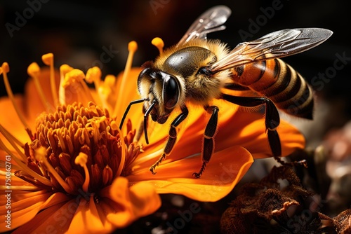 Bee pollinating flowers in Botanical Garden., generative IA