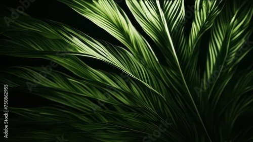 Abstract background of green palm leaves in the night.