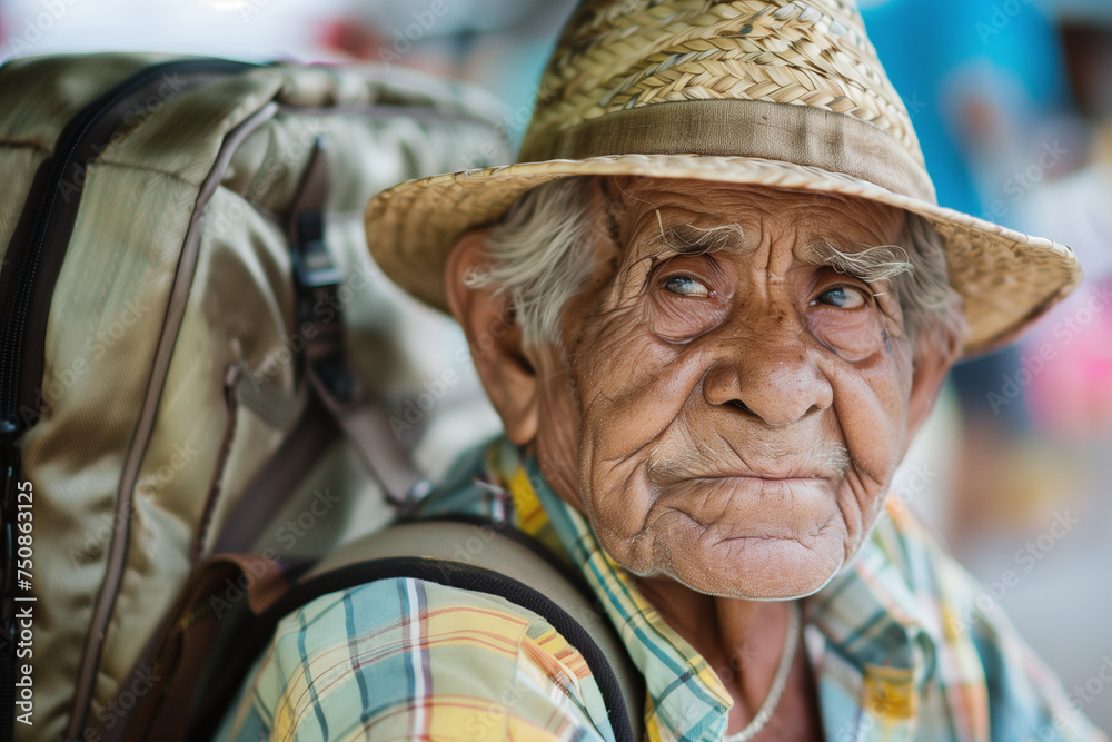 Elderly Man in Straw Hat Reflecting Wisdom