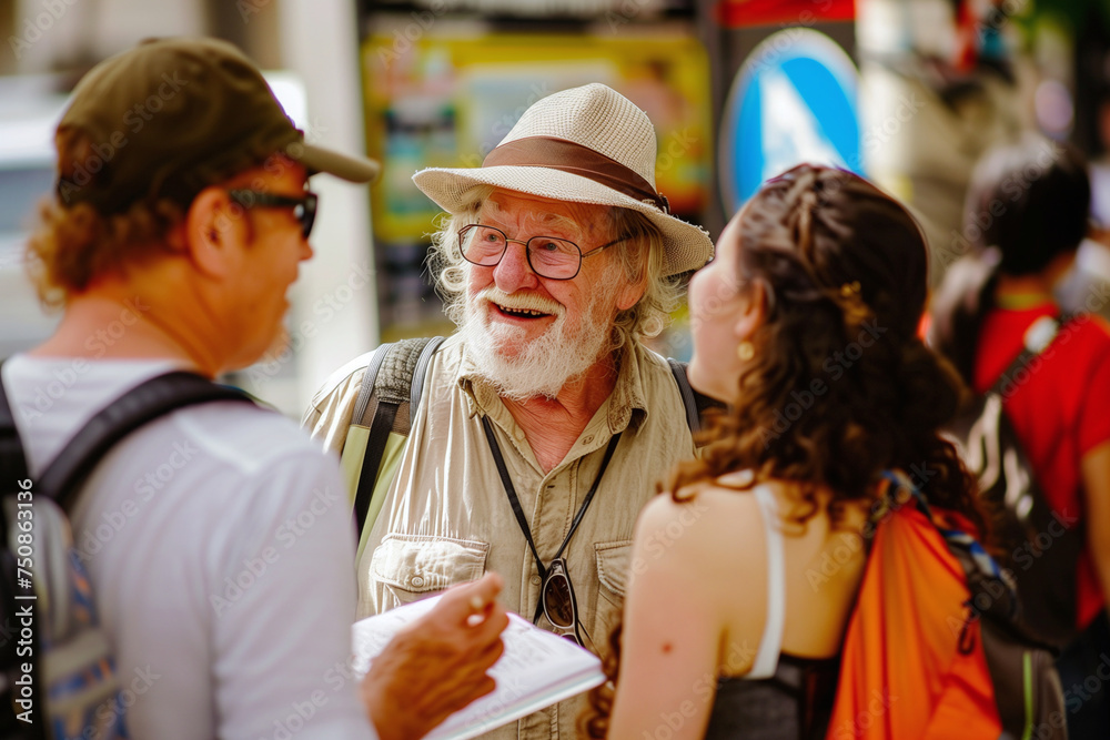 Joyful Elderly Man with Hat Engaging with Couple Outdoors Joyful Elderly Man with Hat Engaging with Couple Outdoors