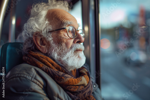 Senior Man Contemplating City Life from Bus Window