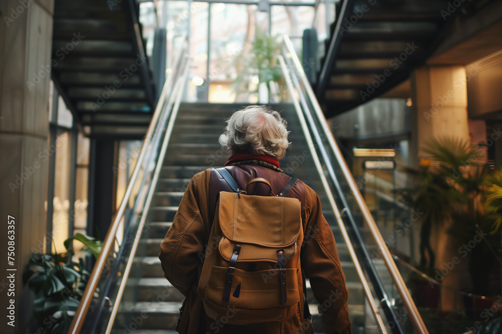 Elderly Person in Urban Commute on Escalator