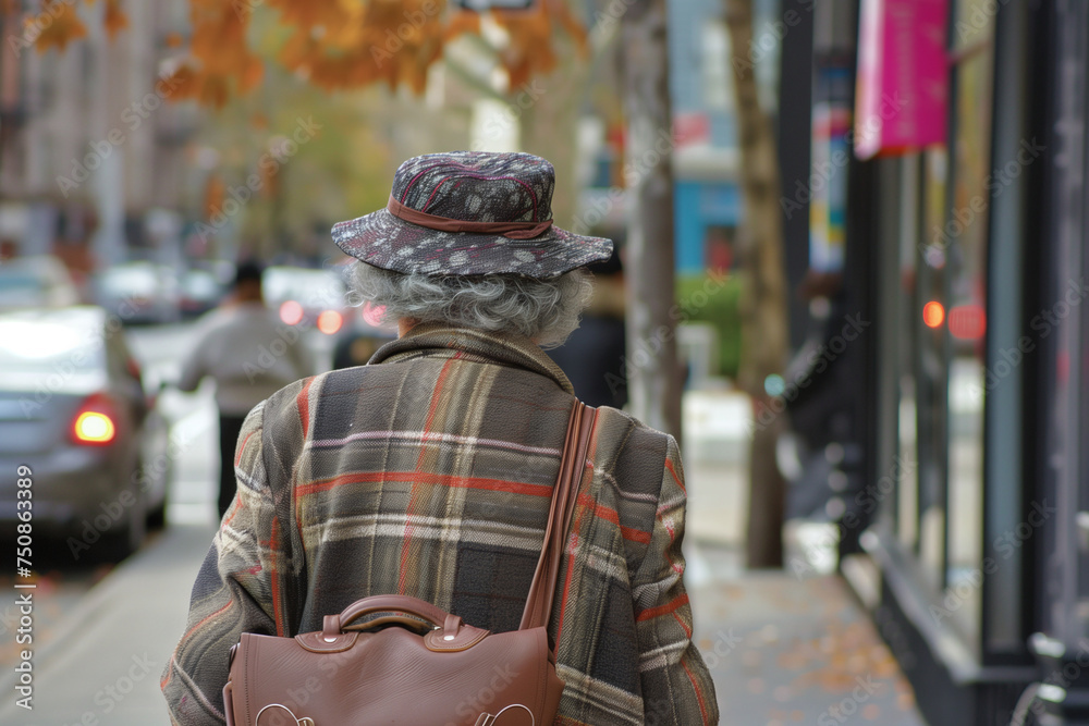 Obraz premium Elderly Person Walking Down City Street in Autumn