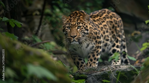 Amur Leopard in the Forest Background created with Generative AI Technology