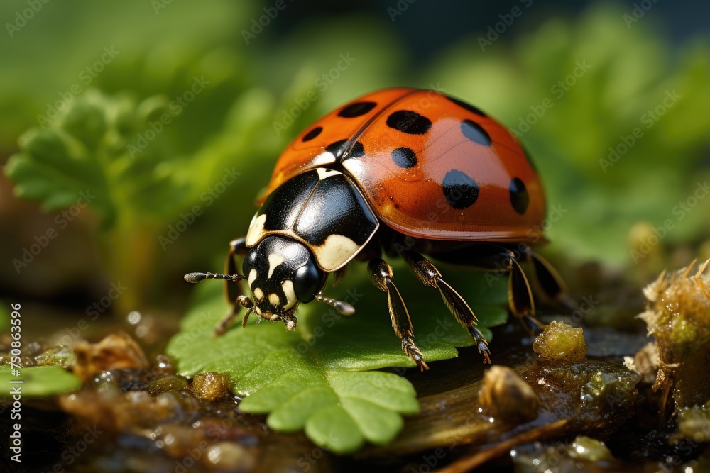 Fototapeta premium Ladybug in seal celebrates agricultural biodiversity., generative IA