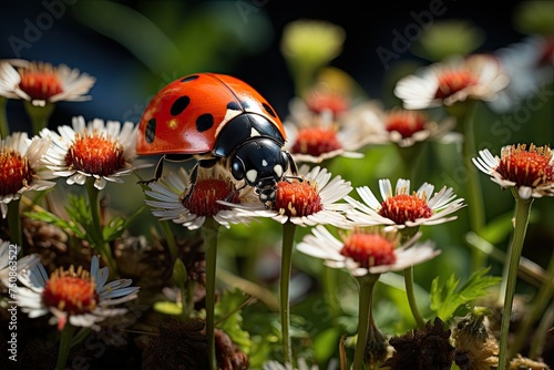 Ladybug enchants children in colorful garden., generative IA