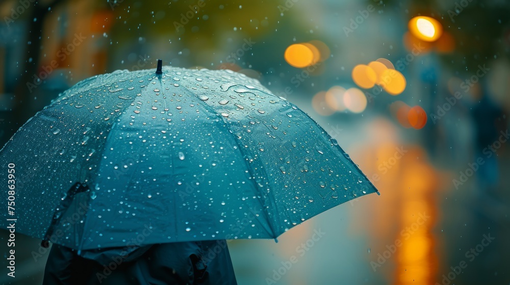 Transparent umbrella shielding a figure from the rain, set against a backdrop of water droplets splashing on the ground Transparent umbrella shielding a figure from the rain, set against a backdrop of water droplets splashing on the ground