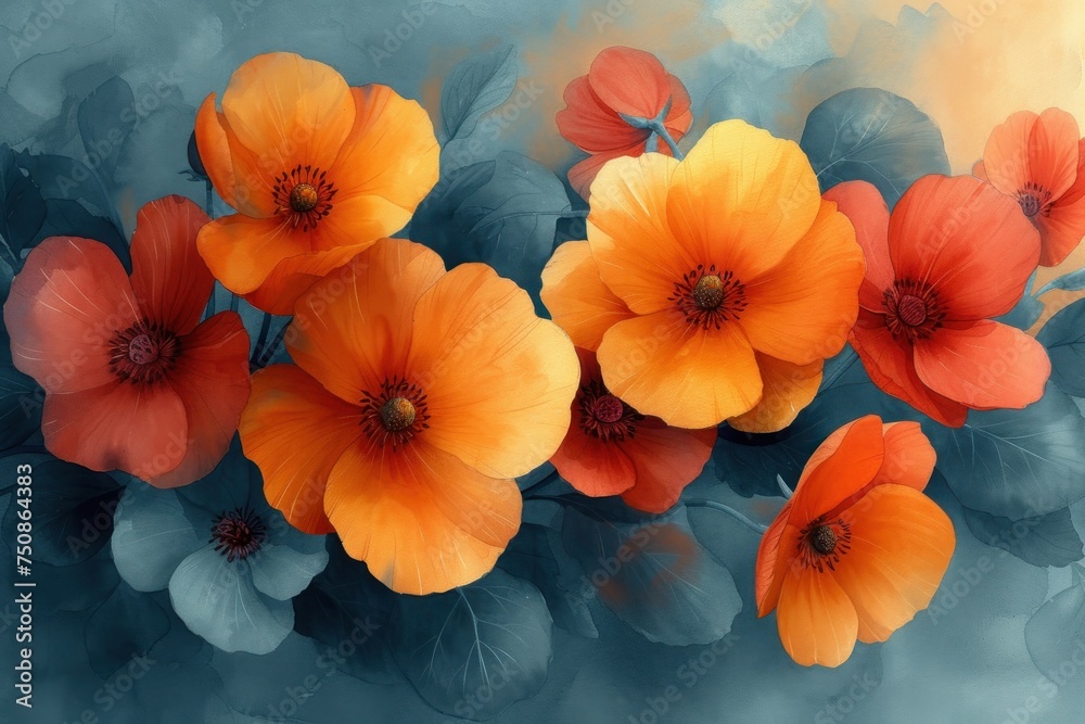 Watercolor poppy flowers background Watercolor poppy flowers background