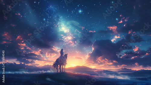 Beautiful woman on horseback under a fantastic sky. There is a bright moon and stars in the sky. Generative AI