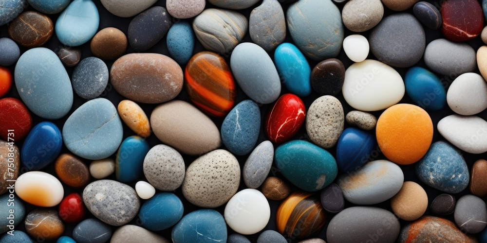 Flat smooth river pebble stones texture, Rock wall, Colorful stone background Flat smooth river pebble stones texture, Rock wall, Colorful stone background