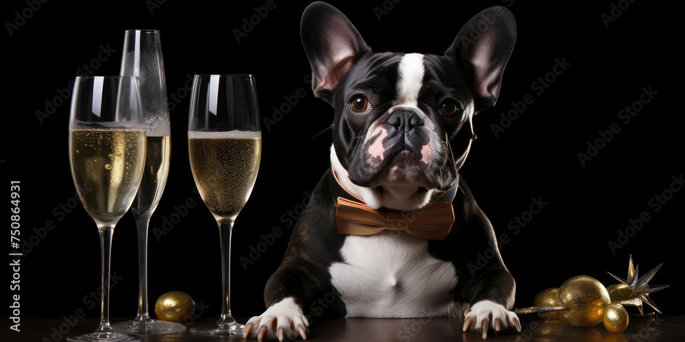 French bulldog drinking champagne on new year's eve