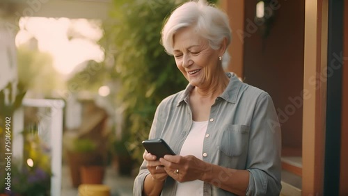 senior female holding smartphone using mobile phone app. Technology, communication, happy adult woman with smartphone at home, recreation, communication, sociality, hobbie photo