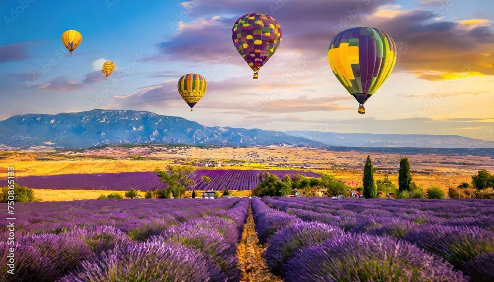 Fototapeta premium lavender field landscape in the background; purple colors, soft selective focus Hot air balloon