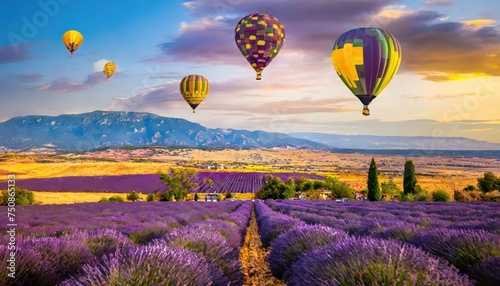  lavender field landscape in the background; purple colors, soft selective focus Hot air balloon