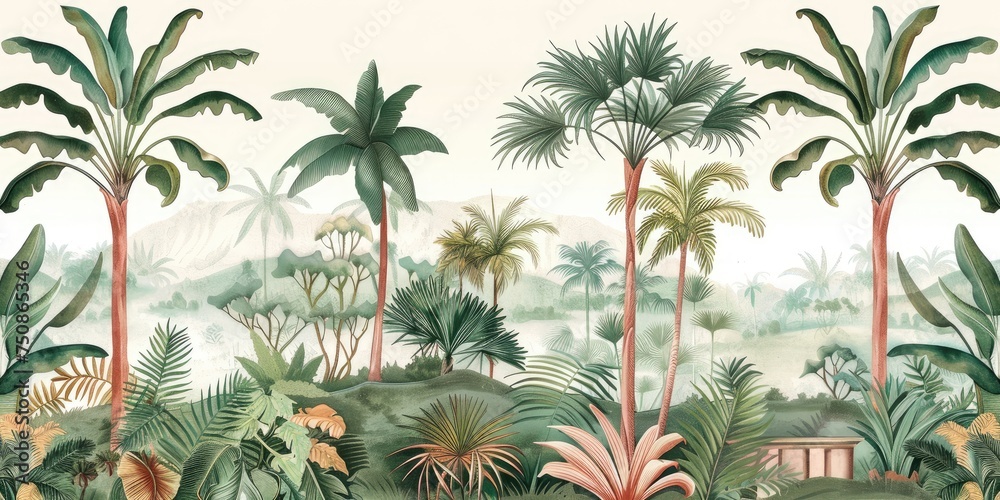 wallpaper jungle and leaves tropical forest, old drawing vintage - obrazy, fototapety, plakaty 