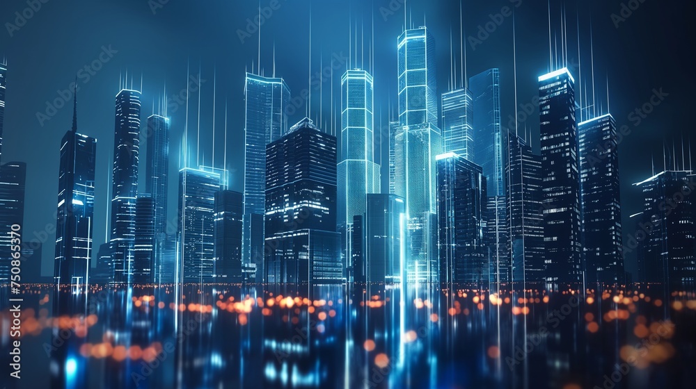 A futuristic city skyline with holographic projections.
