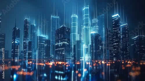 A futuristic city skyline with holographic projections. © Annu's Images