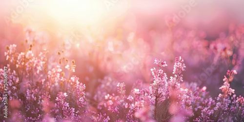 Beautiful pink flowers blooming in a field under the shining sun on a sunny day in nature