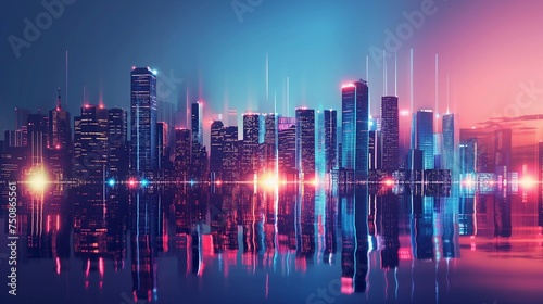 A futuristic cityscape with dazzling lights and reflections. © Annu's Images