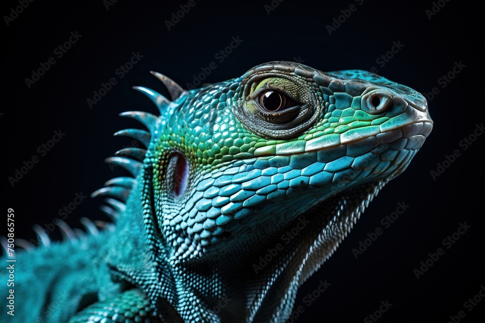 Blue iguana on black background. Close up. Studio shot. Blue iguana on black background. Close up. Studio shot.