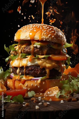 Delicious juicy burger on a dark background. Flying ingredients, levitation, creative food.