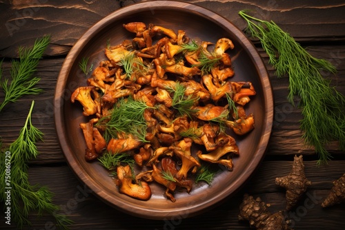 Fried chanterelle mushrooms in a plate on a wooden background. Delicious dish top view.