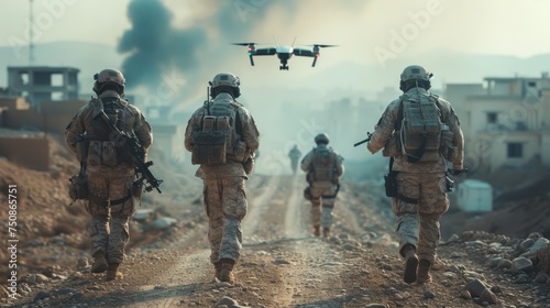 Soldiers walk through a destroyed city with a drone flying ahead. War with new technologies, misfortune and suffering photo