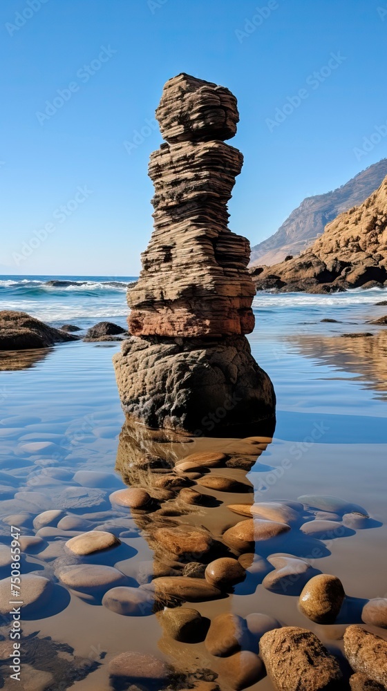 A coastal sea stack against a clear blue sky
A coastal sea stack against a clear blue sky