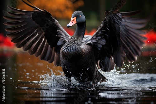 Fototapeta Naklejka Na Ścianę i Meble -  Majestic black swan slides in mirrored lake., generative IA