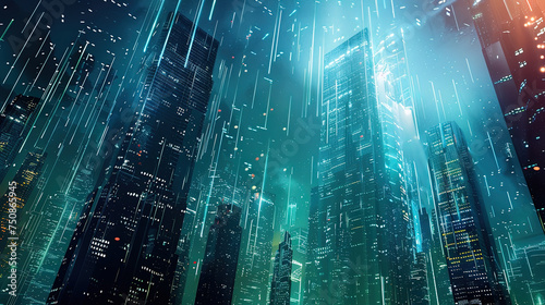 abstract anime skyscraper buildings ny street wallpaper, background illustration lofi vibes, futuristic neon lights