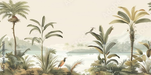 wallpaper jungle and leaves tropical forest, old drawing vintage