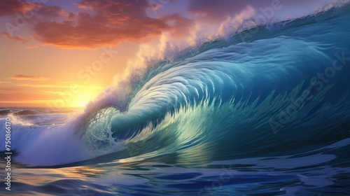 Blue Ocean big wave Crashing at sunrise © inthasone