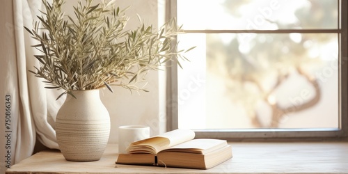 Neutral mediterranean home design textured vase with olive tree branches cup of coffee books on wooden table
