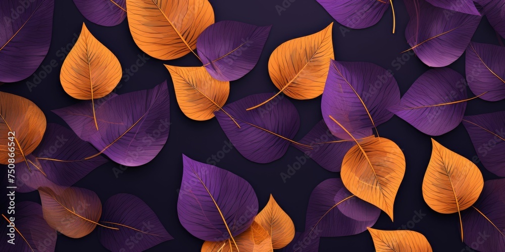 pattern of dry orange metallic leaves on violet  - obrazy, fototapety, plakaty 