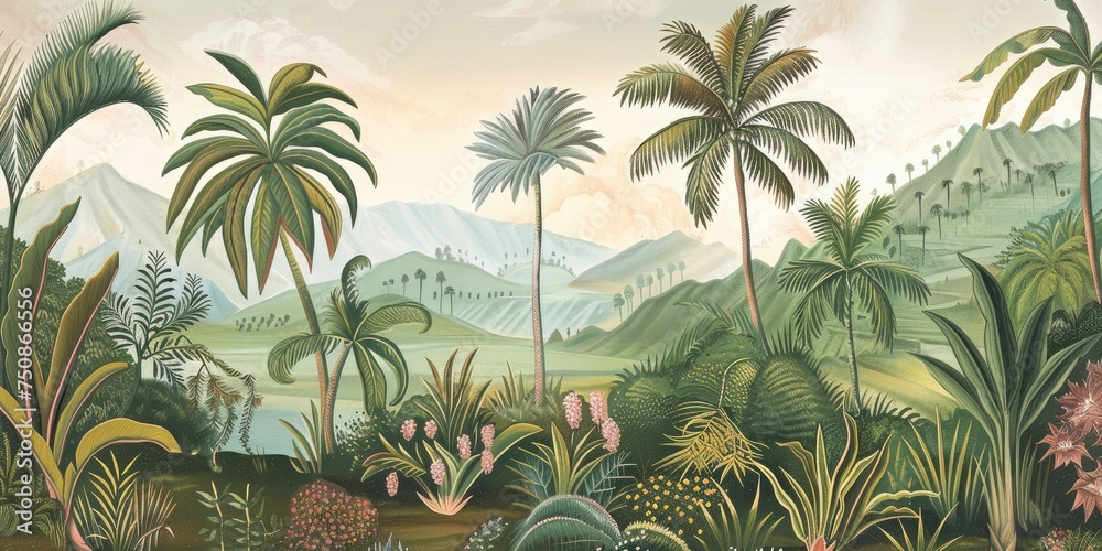 wallpaper jungle and leaves tropical forest, old drawing vintage