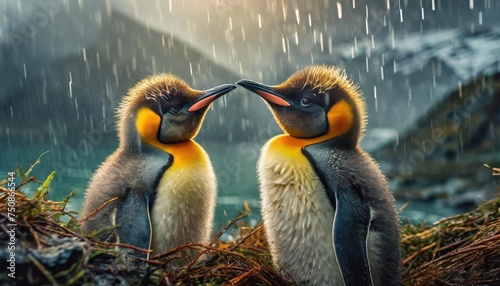 King Penguin (Aptenodytes patagonicus) Chicks in Creche in the rain. 