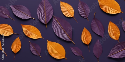 pattern of dry orange metallic leaves on violet 