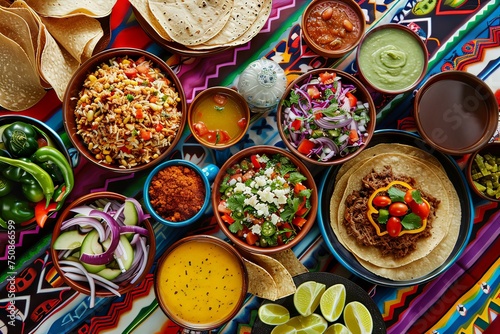 Mexican food on a Mexican bright embroidered tablecloth