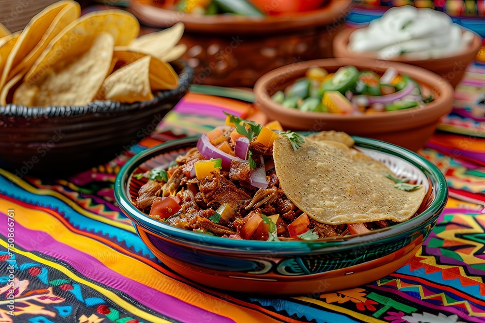 Mexican food on a Mexican bright embroidered tablecloth Mexican food on a Mexican bright embroidered tablecloth