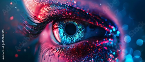 A detailed view of a persons eye showing a striking combination of blue and pink colors. The intricate details of the iris and surrounding area are highlighted.